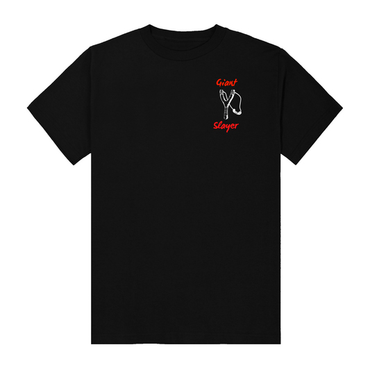 Giant Slayer Tshirt. Slingshot Tshirt by Crown of Favorr. David and Goliath Giant Slayer is written in bold letters. The Giant slayer t-shirt is black with red and white.  Giant Slayer Tshirt by Crown of Favor. Christian Clothing Brand. Christian Streetwear