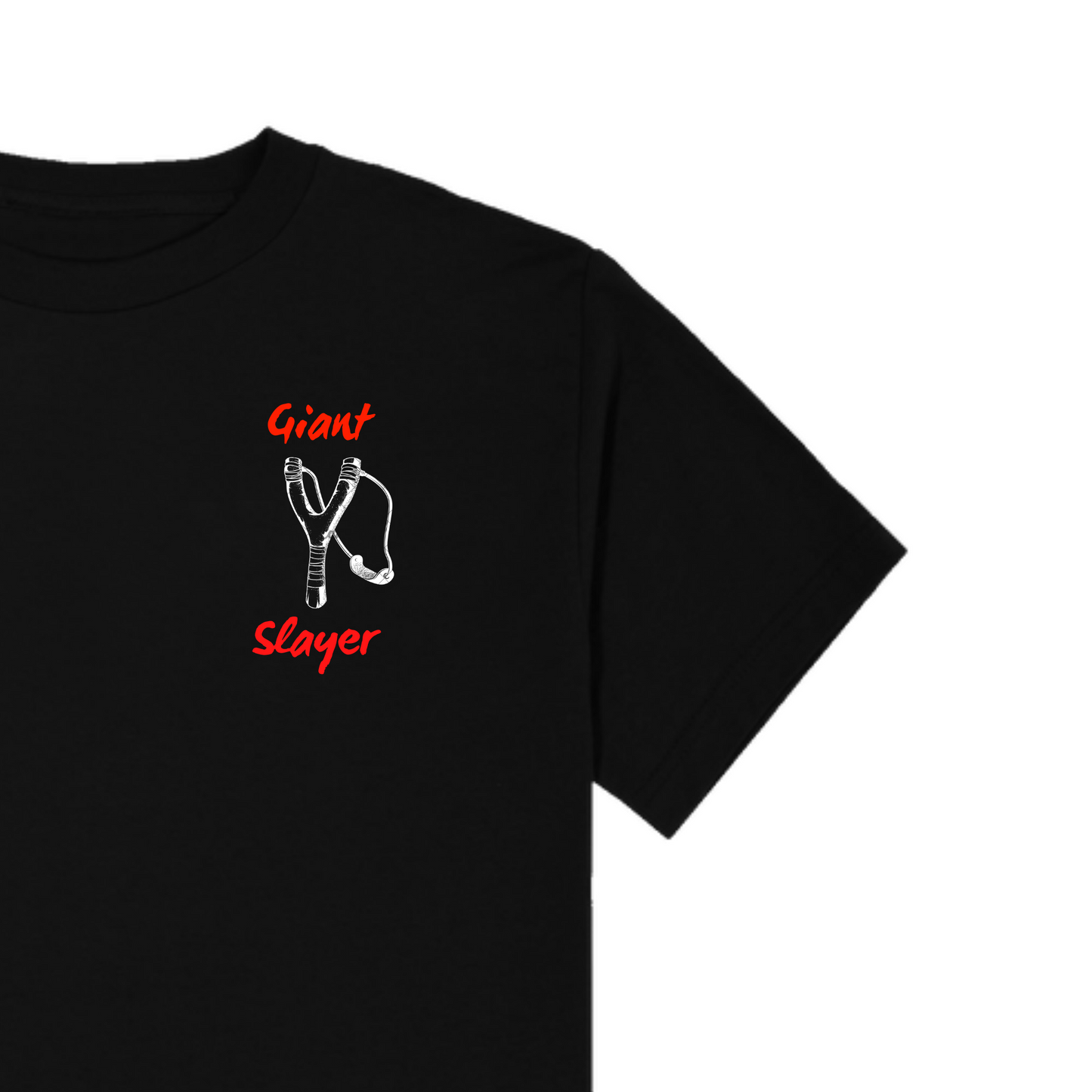 Giant Slayer Tshirt. Slingshot Tshirt by Crown of Favorr. David and Goliath Giant Slayer is written in bold letters. The Giant slayer t-shirt is black with red and white.  Giant Slayer Tshirt by Crown of Favor. Christian Clothing Brand. Christian Streetwear