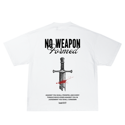 No Weapon Formed Against You shall Prosper T-shirt. Isaiah 54:17 T-shirt. White Heavyweight T-Shirt. Crown of Favor Christian Clothing Brand. Faith-Based. Authentic Christian Streetwear Brand. Crown of Favor T-shirt. No Weapon formed white T-shirt. No weapon formed against you shall prosper by Crown of Favor. Christian