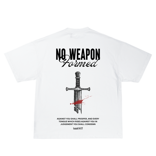 No Weapon Formed Against You shall Prosper T-shirt. Isaiah 54:17 T-shirt. White Heavyweight T-Shirt. Crown of Favor Christian Clothing Brand. Faith-Based. Authentic Christian Streetwear Brand. Crown of Favor T-shirt. No Weapon formed white T-shirt. No weapon formed against you shall prosper by Crown of Favor. Christian