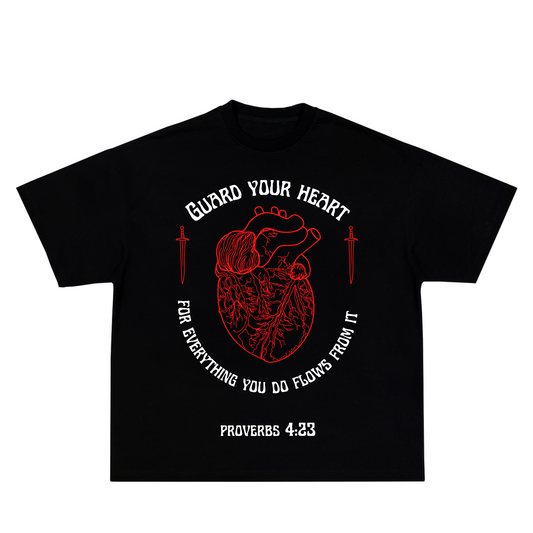 Guard Your Heart for everything you do flows from it Black T-Shirt. Black Proverbs 4:23 T-Shirt. Guard Your Heart Black T-shirt by  Crown of Favor Christian Clothing Brand. Faith Based Clothing Brand. Authentic Christian Streetwear. Jesus inspired Clothing brand. Crown of Favor Proverbs 4:23 Black T-shirt. Crown of Favor