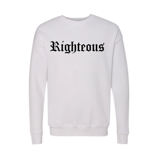 White crew neck sweatshirt. Righteous written in bold Black letters on the front of the White sweatshirt. Black sweatshirt, christian clothing, faith based apparel Righteous sweatshirt. Jesus inspired clothing. Oversized sweatshirt. loungewear. streetwear. Christian streetwear. Crown of Favor