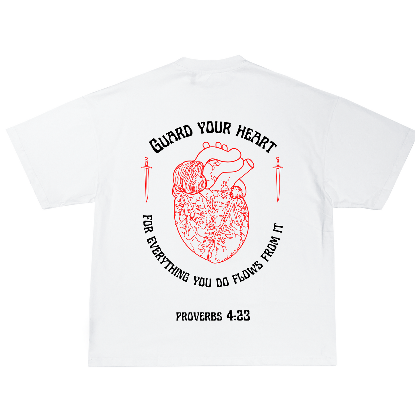 Guard Your Heart for everything you do flows from it white heavyweight T-Shirt. Proverbs 4:23 T-Shirt. Guard Your Heart white T-shirt by Crown of Favor Christian Clothing Brand. Faith Based Clothing Brand. Authentic Christian Streetwear. Jesus inspired Clothing brand. Crown of Favor Proverbs 4:23 white T-shirt. Crown of Favor