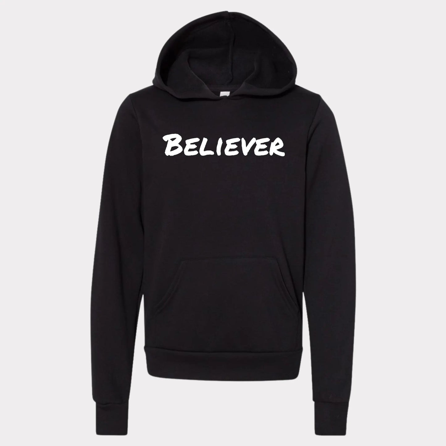 This hoodie is all black with a crew neck style. The words Believer are pressed on the shirt in bold white letters. Hoodie is written across the chest, stretching from sholder to shoulder. The Hoodie this comftorable and fitted. Size up for an oversized look. Edit alt text. On a Nuetral Colored back ground. The back reads John 3:16 on the tail of the Believer Hoodie. Believer Collection by Crown of Favor. Christian Clothing brand. Christian streetwear brand.