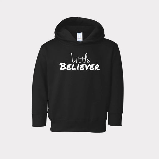 Little Believer Hoodie by Crown of Favor. Black little believer john 3:16 hoodie by Crown of Favor. Crown of Favor Authentic Christian streetwear. Believer collection John 3:16 Little Believer.