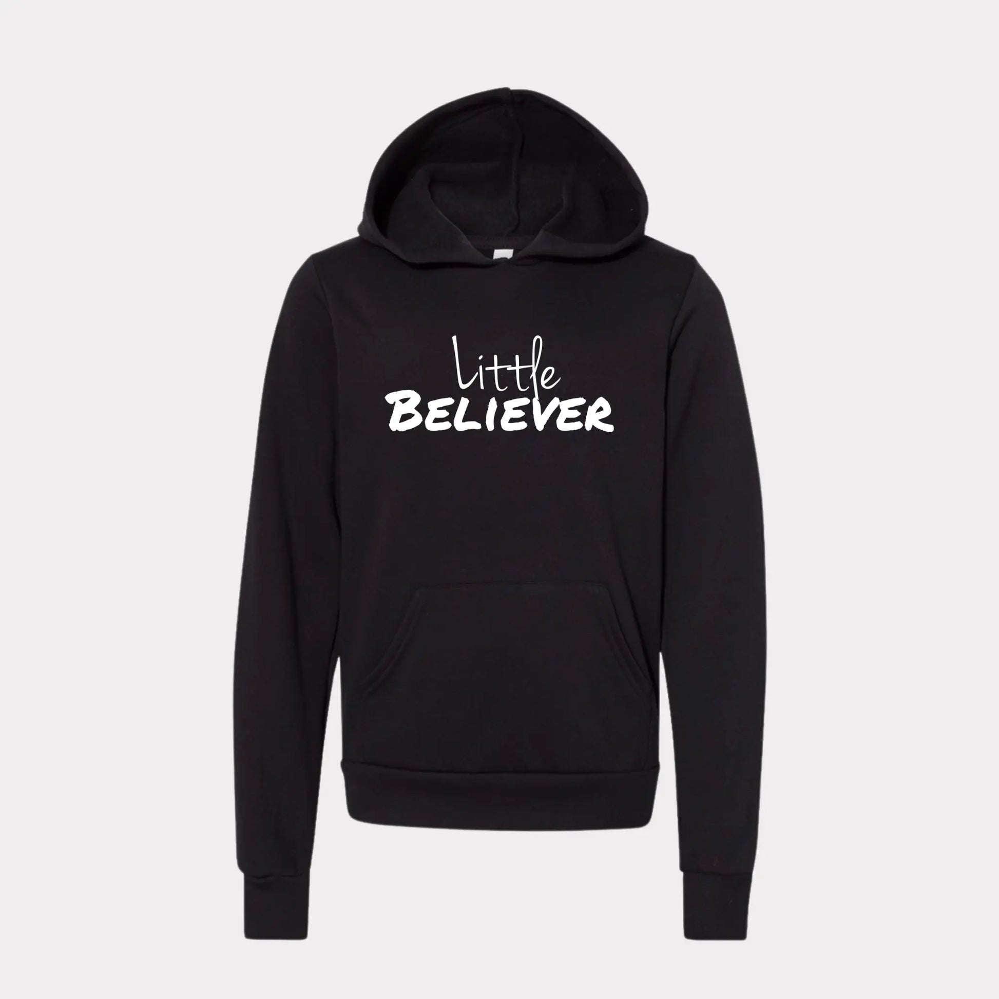 Little Believer Hoodie by Crown of Favor. Black little believer john 3:16 hoodie by Crown of Favor. Crown of Favor Authentic Christian Streetwear. Believer collection John 3:16 Little Believer.