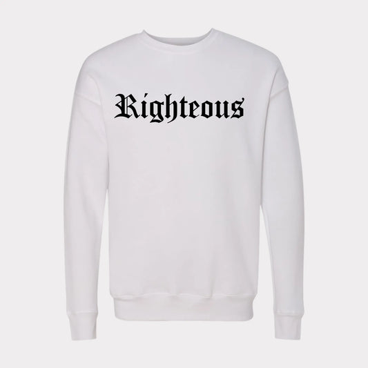 White crew neck sweatshirt. Righteous written in bold Black letters on the front of the White sweatshirt. Black sweatshirt, christian clothing, faith based apparel Righteous sweatshirt. Jesus inspired clothing. Oversized sweatshirt. loungewear. streetwear. Christian streetwear. Crown of Favor