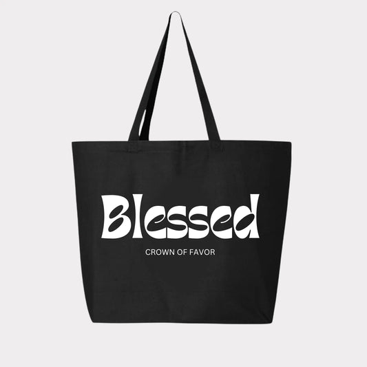 Blessed Cavas Tote bag. Blessed tote bag. Blessed jumbo canvas tote bag. Christian clothing brand. Christian streetwear. Christian accessories . Black tote bag. Black canvas tote bag. Matthew 5:5 tote bag. Blessed tote bag. Mathew 5:5 purse. Blessed jumbo canvas tote bag by Crown of Favor
